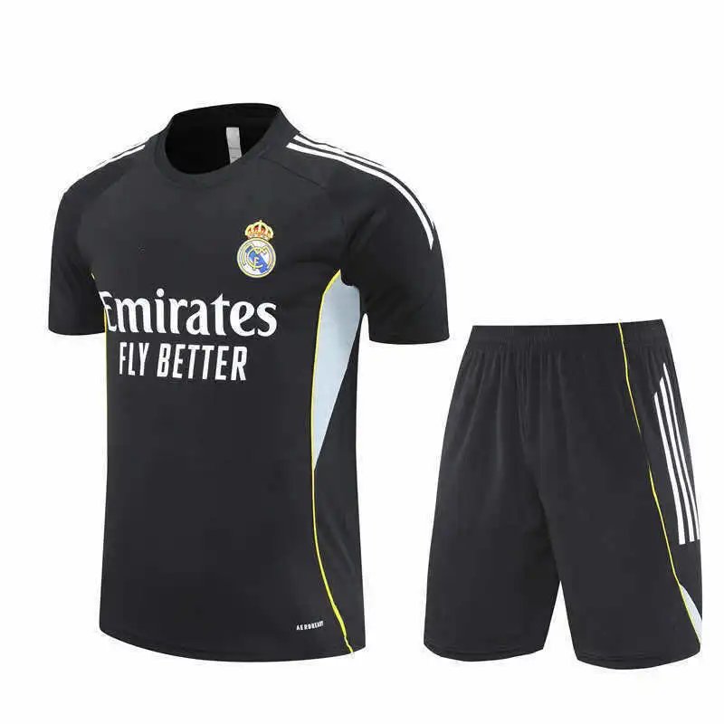 2526 Real Madrid Black and White Shoulder Training Uniform Set Short Sleeves