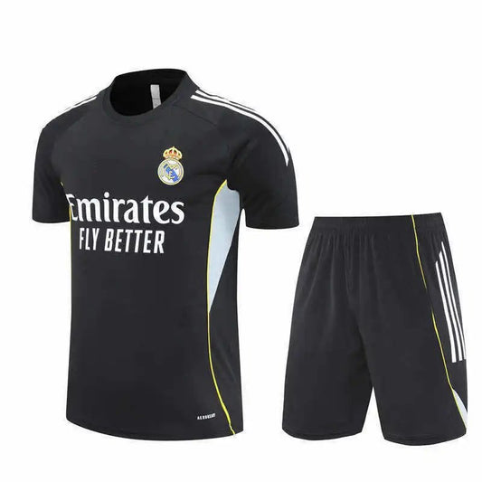 2526 Real Madrid Black and White Shoulder Training Uniform Set Short Sleeves
